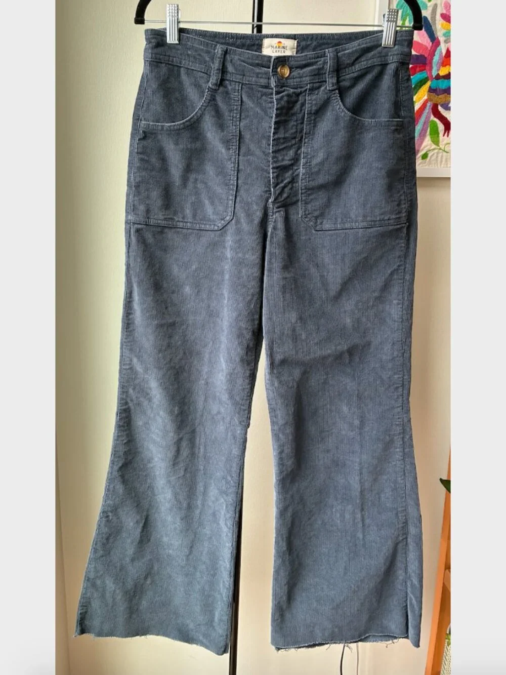 Maine Layer Blue Corduroy Flare Pants with a Raw Hem - Size 10